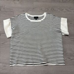 Lumiere Cream Black Striped Boxy Blouse Short Sleeve Thick Heavyweight NWOT